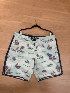 Billabong Men's Mint Tropical Print Board Shorts with Navy Trim